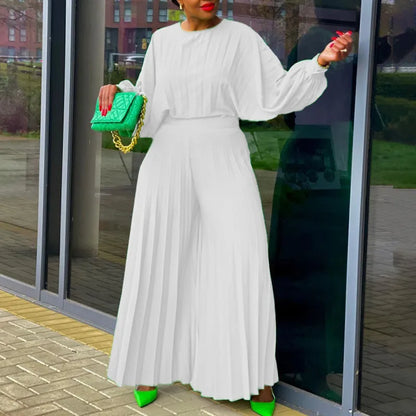 Long Sleeve Top Creased Wide Leg Pants Two-Piece Set