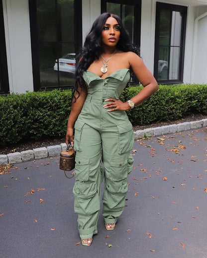 Strapless Multi-Pocket Cargo Jumpsuits