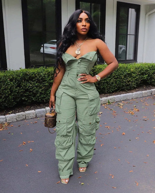 Strapless Multi-Pocket Cargo Jumpsuits