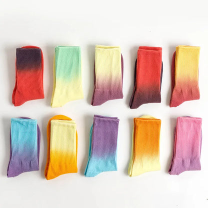 Women Fashion Rainbow Gradient Tie-Dye Mid-Tube Multicolor Socks