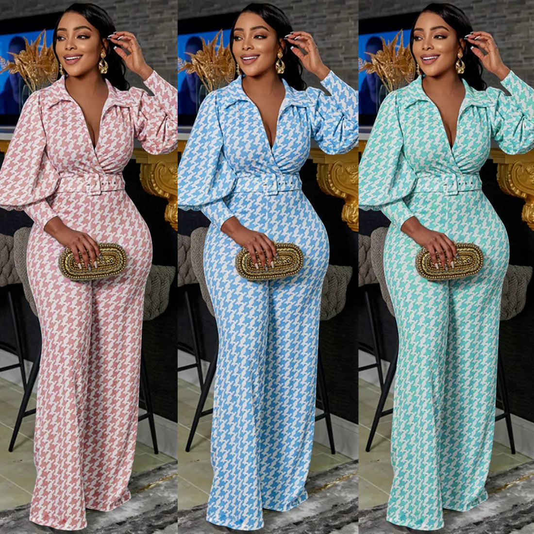 Tight V-Neck Long-Sleeved Top and Wide-Leg Pants Set
