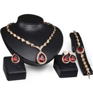 Ruby Embellished 4pcs Bridal  Golden Jewelry Set