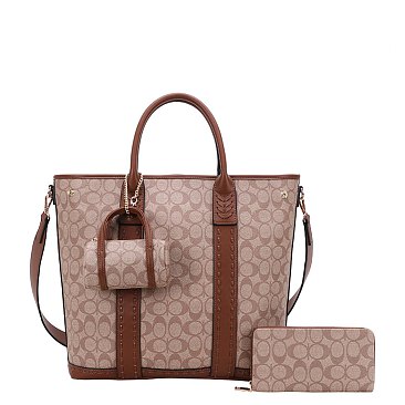 3-IN-1 Expandable Oval Print Tote / W Small Satchel Wallet Set