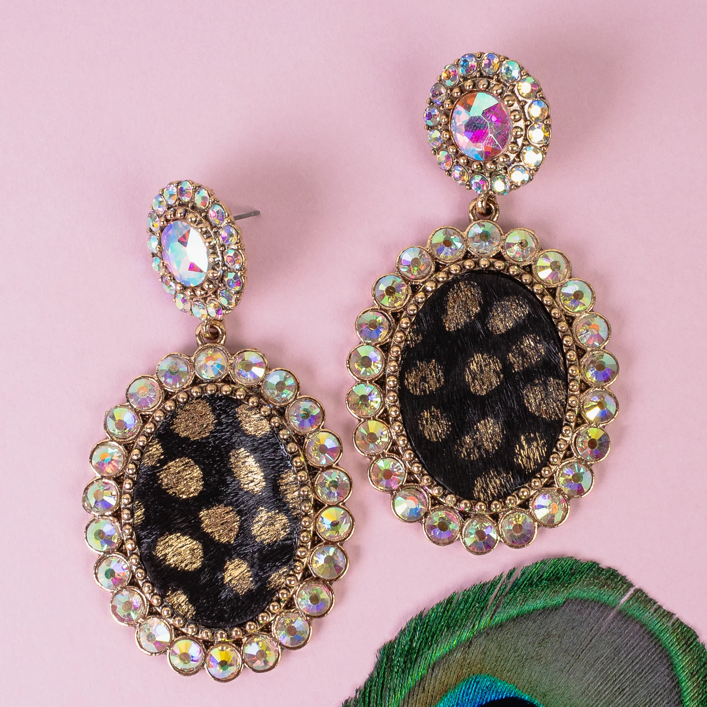 Faux Animal Print Earrings with Rhinestone Accent
