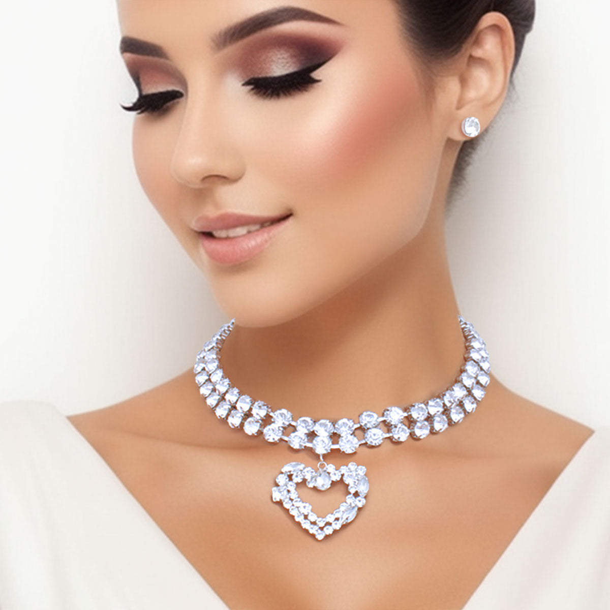 Silver Crystal 2 Row Heart Choker Set