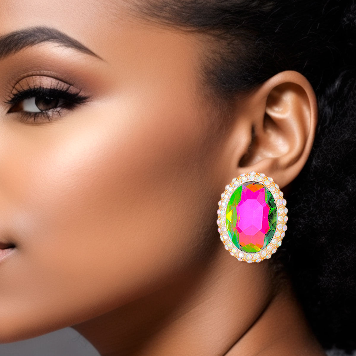 Pink Green Oval Halo Studs