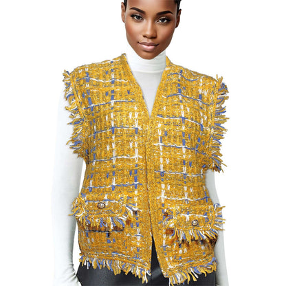 Gold Threaded Plaid Tweed Mustard Vest for Women