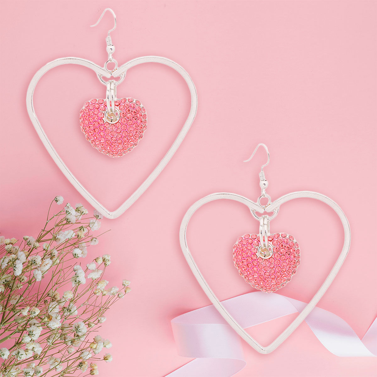 Silver Drop Pink Heart Earrings