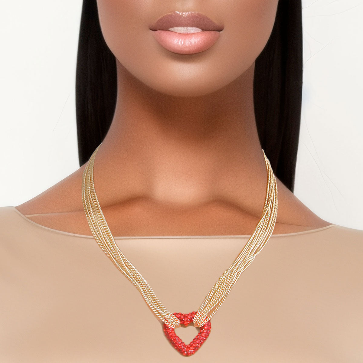 Red Pave Heart Multi Chain Necklace